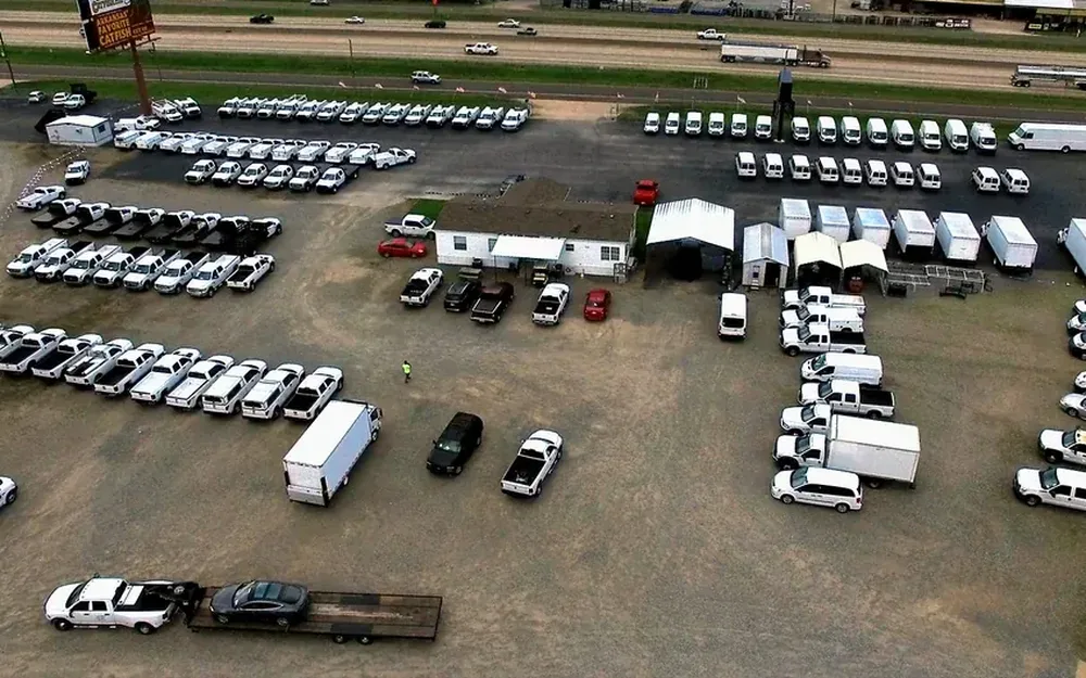 Aerial view of the T&B Auto Sales work truck and van lot in Bryant, Arkansas